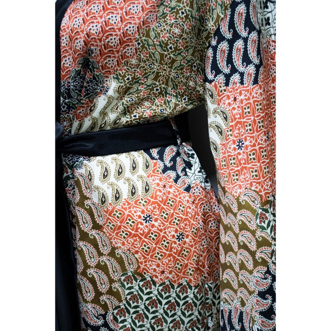 Mita Concept - İpeksi Saten Etnik Desenli Yarasa Kol Kimono - Kimono
