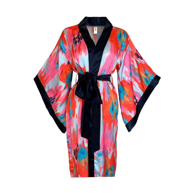 Mita Concept - İpeksi Saten Fırça Desenli Kimono Sabahlık - Sabahlık