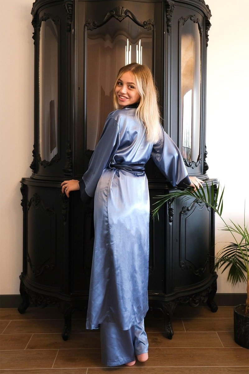 Mita Concept - İpeksi Saten Mavi Düz Kol Kimono ve Pantolonlu Bluz Takımı - Pijama Takımı