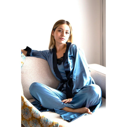 Mita Concept - İpeksi Saten Mavi Lacivert Patlı Düz Kol Kimono Sabahlık - Sabahlık