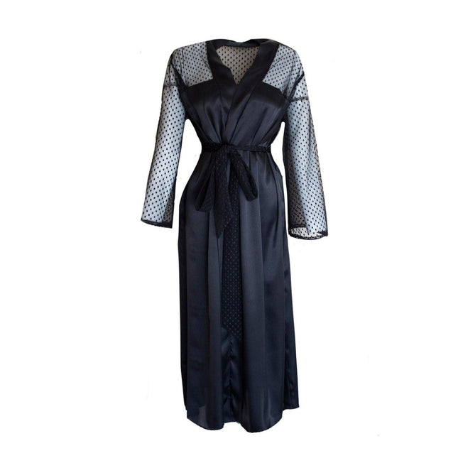 Mita Concept - İpeksi Siyah Saten Puantiye Tül Detaylı Düz Kol Kimono Sabahlık - Sabahlık