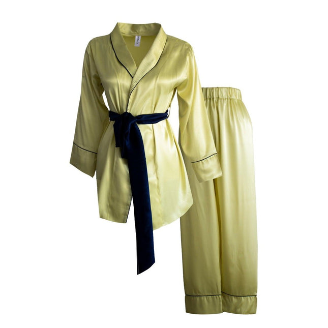 Mita Concept - İpeksi Yağ Yeşili Lacivert Biyeli Şal Yaka Pantolonlu Kimono Takım - Pijama Takımı
