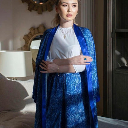 Mita Concept - Mavi Desenli İpeksi Saten Pantolonlu Sabahlık Takım - Pijama Takımı