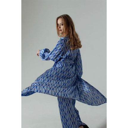 Mita Concept - Mavi Desenli İpeksi Saten Pantolonlu Sabahlık Takım - Pijama Takımı