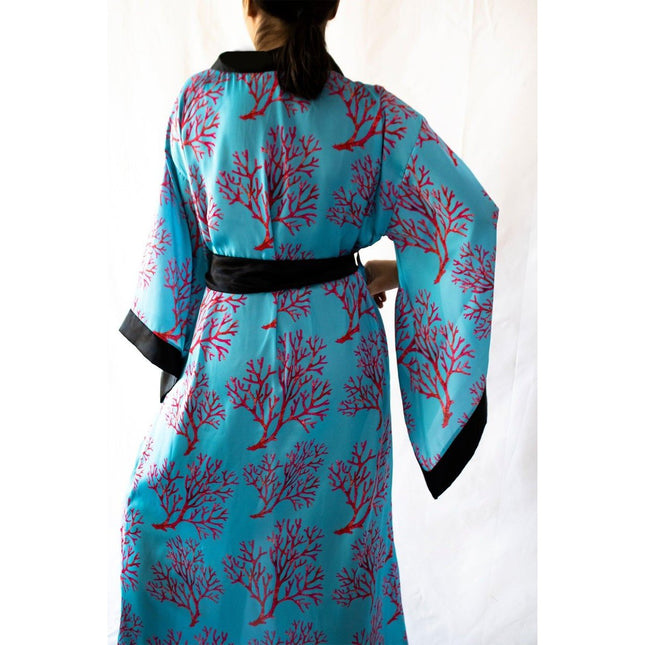 Mita Concept - Mercan Desenli İpeksi Saten Kimono Sabahlık - Sabahlık