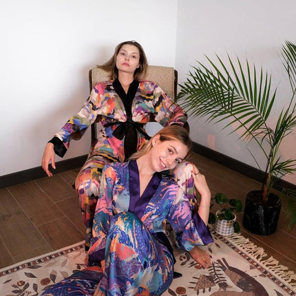 Mita Concept - Mor Desenli İpeksi Saten Pantolonlu Sabahlık Takım - Pijama Takımı