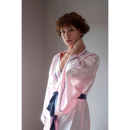 Mita Concept - Pudra Lacivert Biyeli Yarasa Kol Kimono Sabahlık - Sabahlık