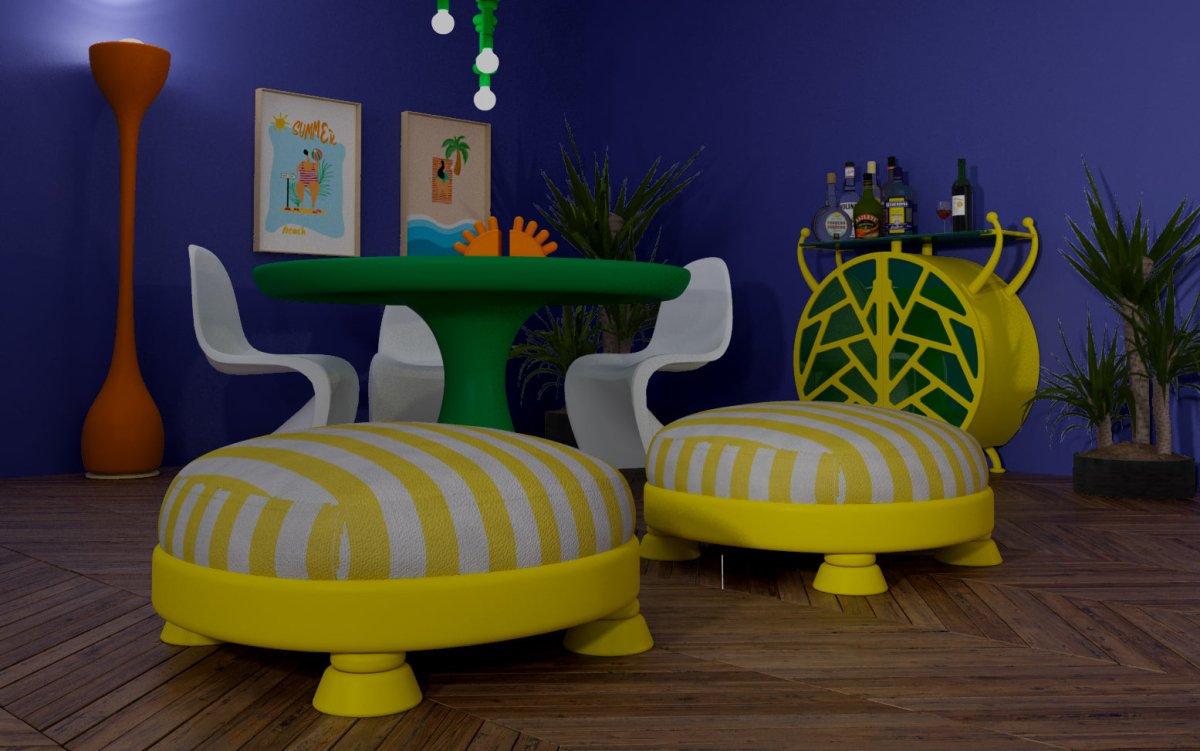 Yellow Mellow Sarı Çizgili Kumaş Puf