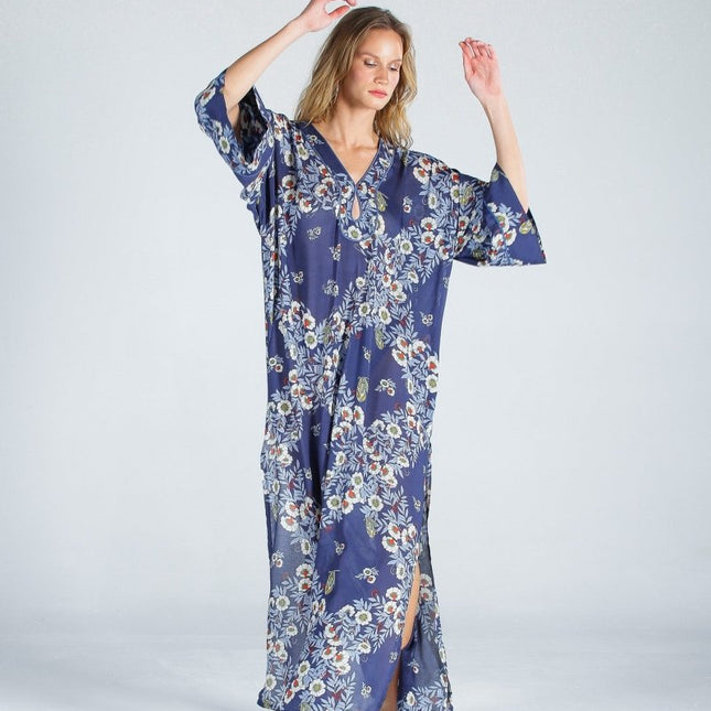 The Beach - Joy Flower Indigo Kaftan Elbise - Kimono