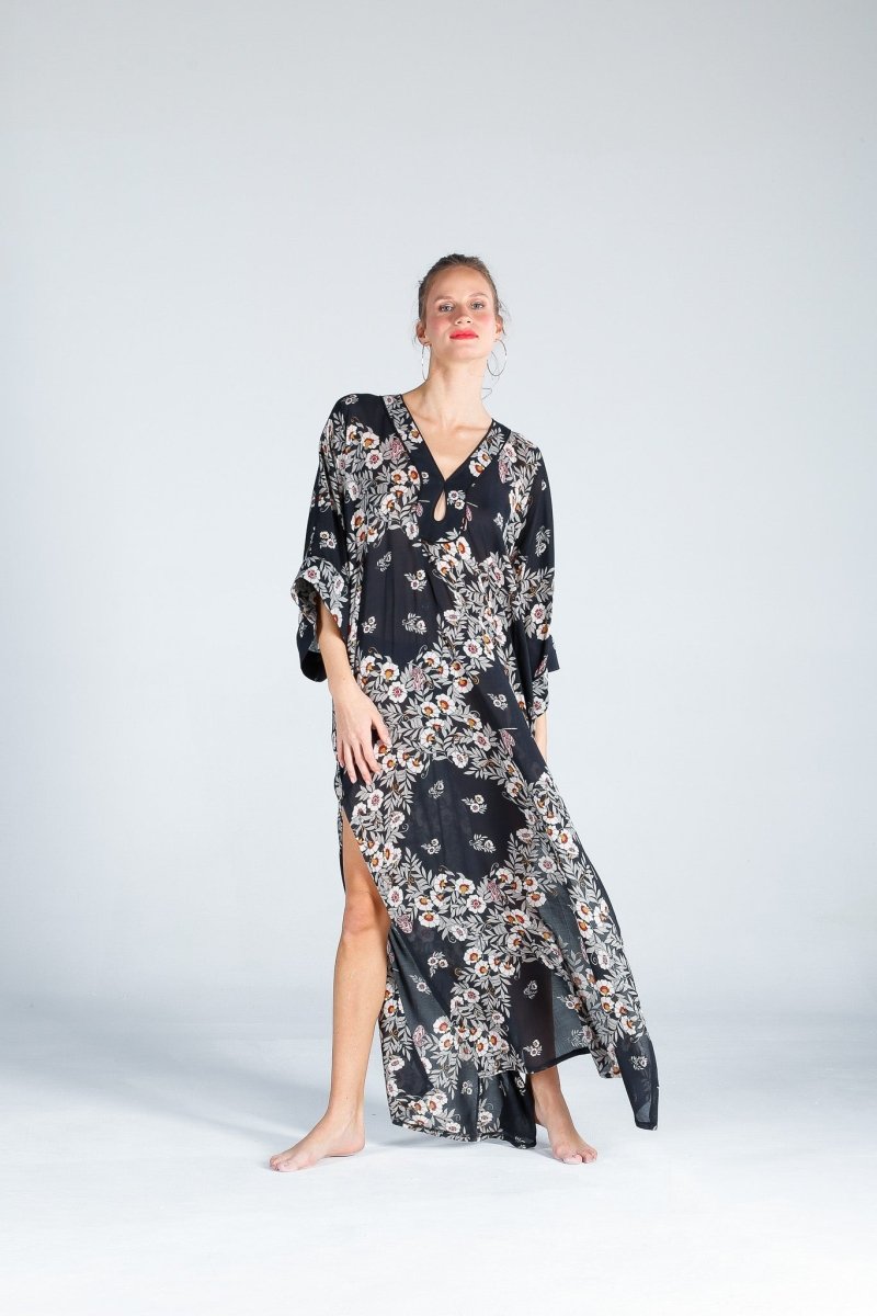 The Beach - Joy Flower Indigo Kaftan Elbise - Siyah - Kimono