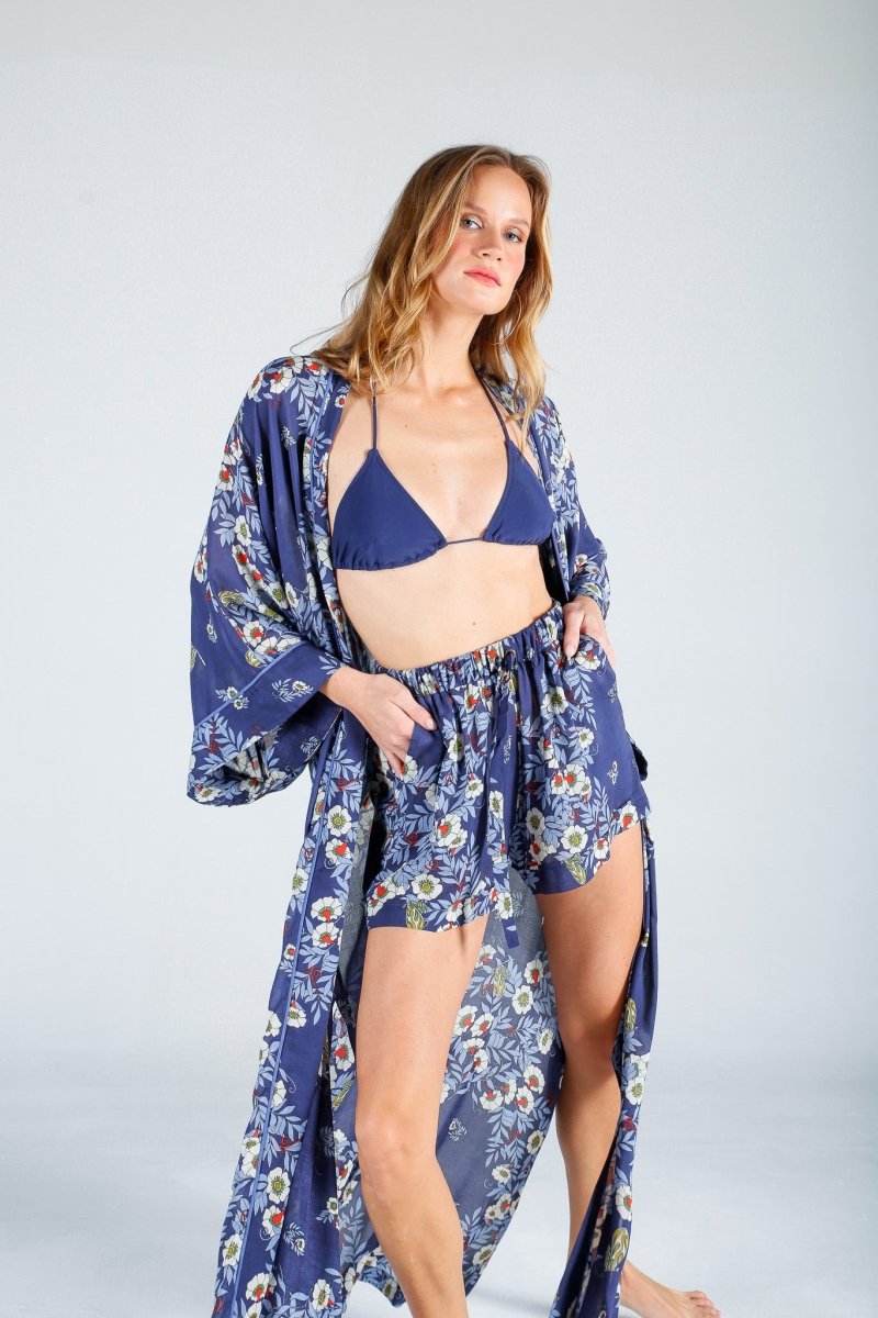 The Beach - Joy Flower Indigo Uzun Kimono - Kimono