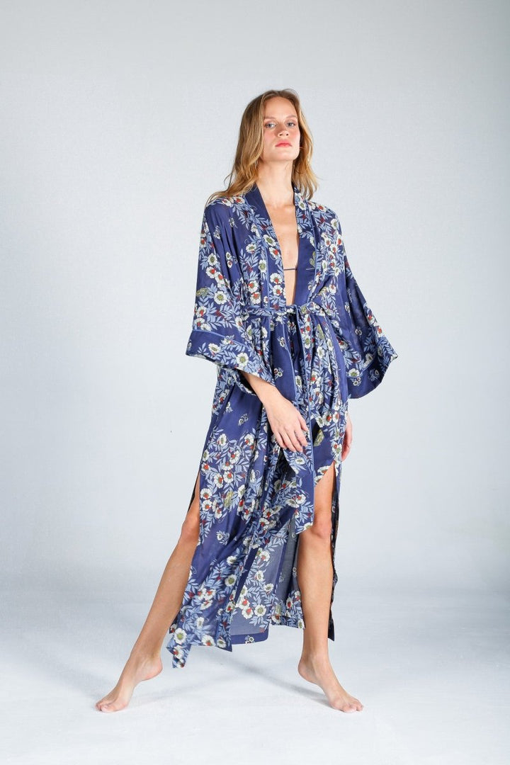 The Beach - Joy Flower Indigo Uzun Kimono - Kimono